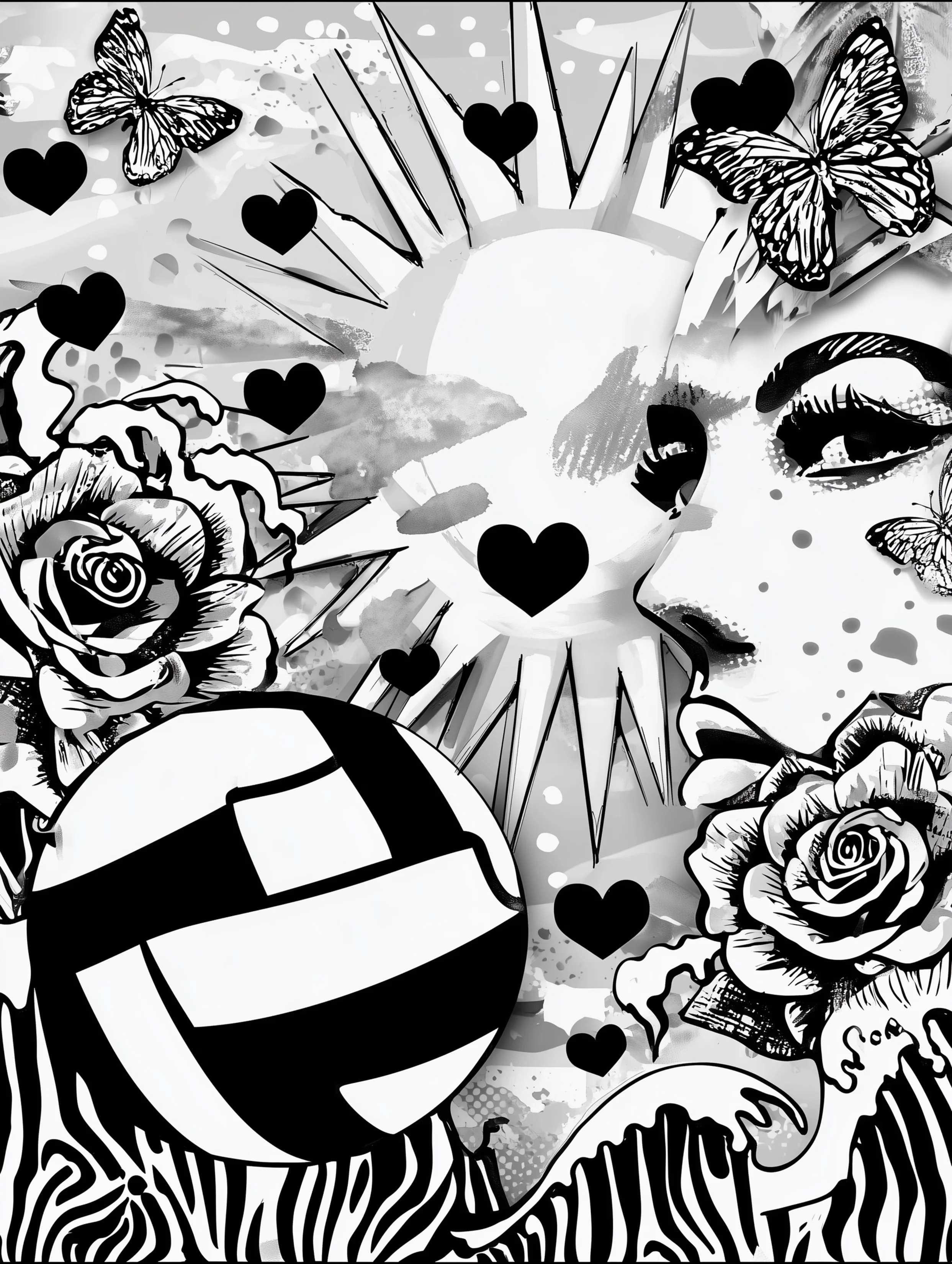 Free printable volleyball coloring page for adults featuring a woman and a large volleyball with heart details